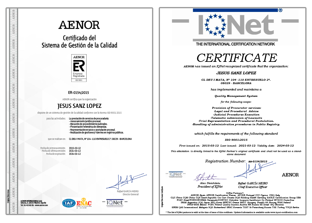 certificados calidad Procurador de Barcelona